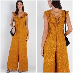 FEW LEFT❗️SUGAR + LIPS Mustard Ditsy Dots Wide Leg Jumpsuit